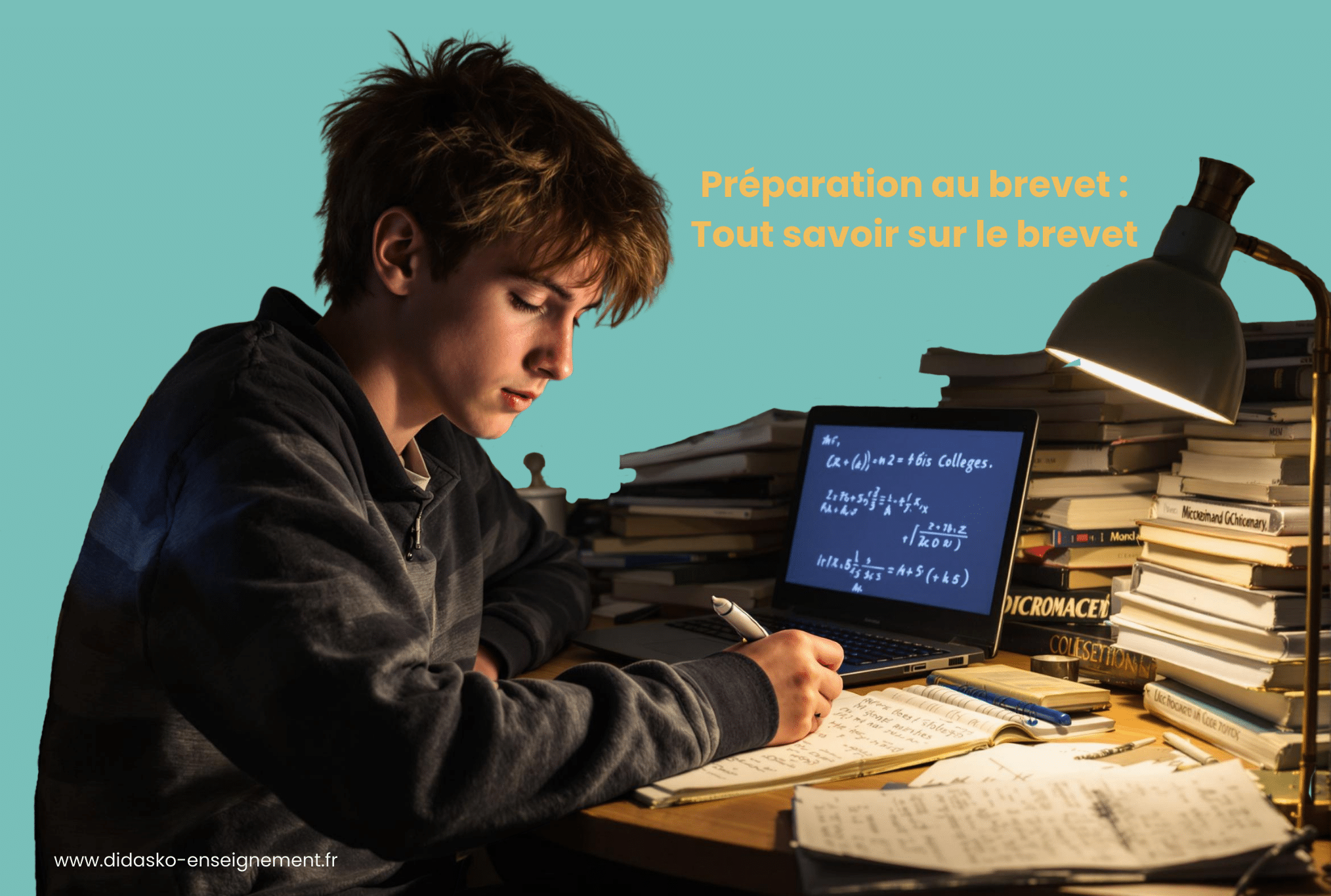 Un collégien qui prépare son brevet avec la phrase : Préparation au brevet : Tout savoir sur le brevet