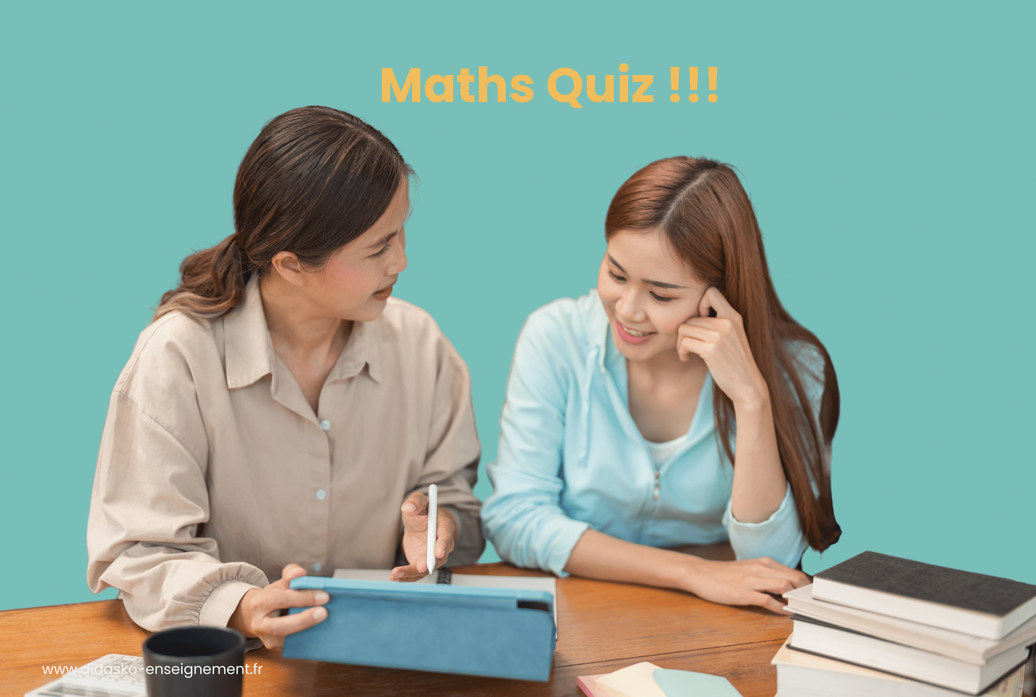 Deux personnes jouant à un quiz sur les mathématiques avec la phrase : Maths Quiz
