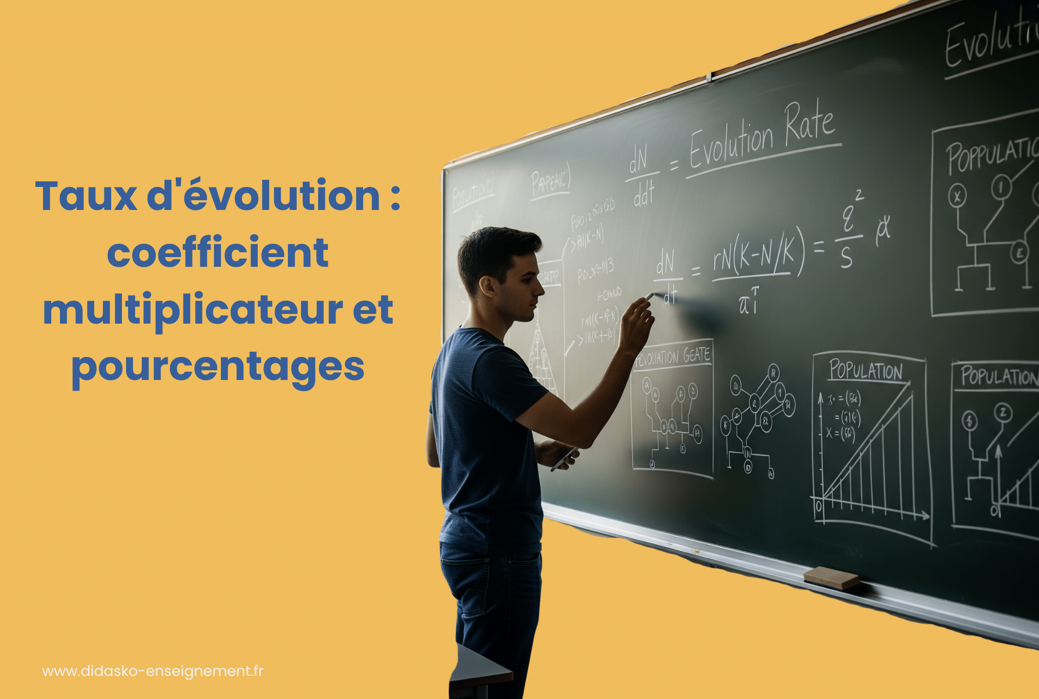 Un élève calcule un taux d'évolution au tableau avec la phrase : Taux d'évolution : coefficient multiplicateur et pourcentages