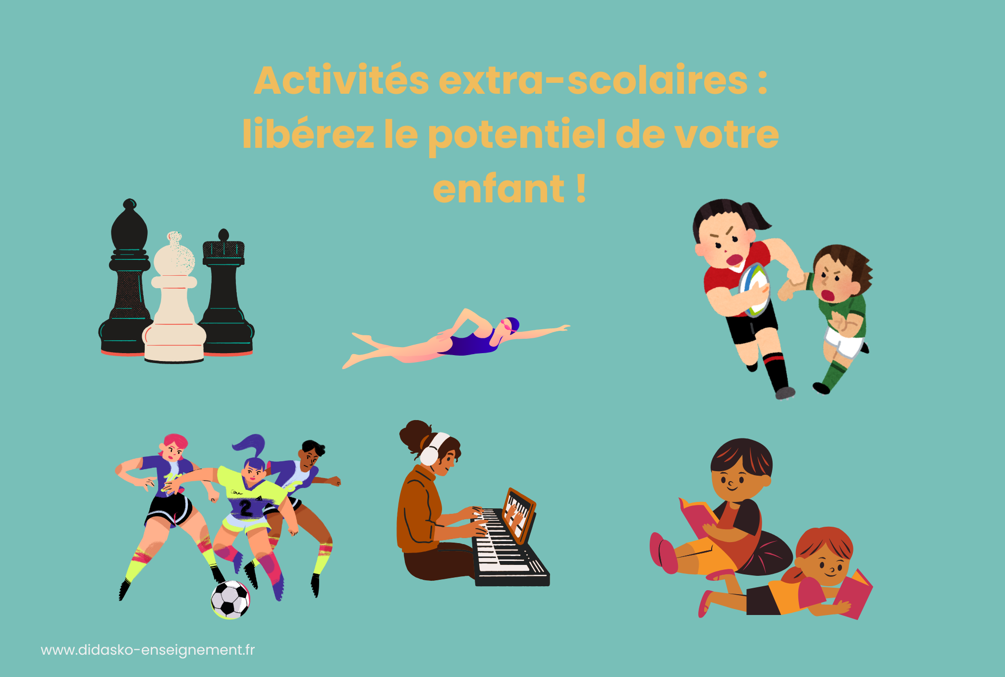 Plusieurs illustrations d'activités extra-scolaires pour les enfants